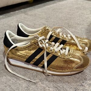 Adidas Women's Glittering Gold and Black Sneakers, Size 8